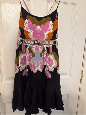 Free People Black Floral Mini Dress with Pink and Olive Accents